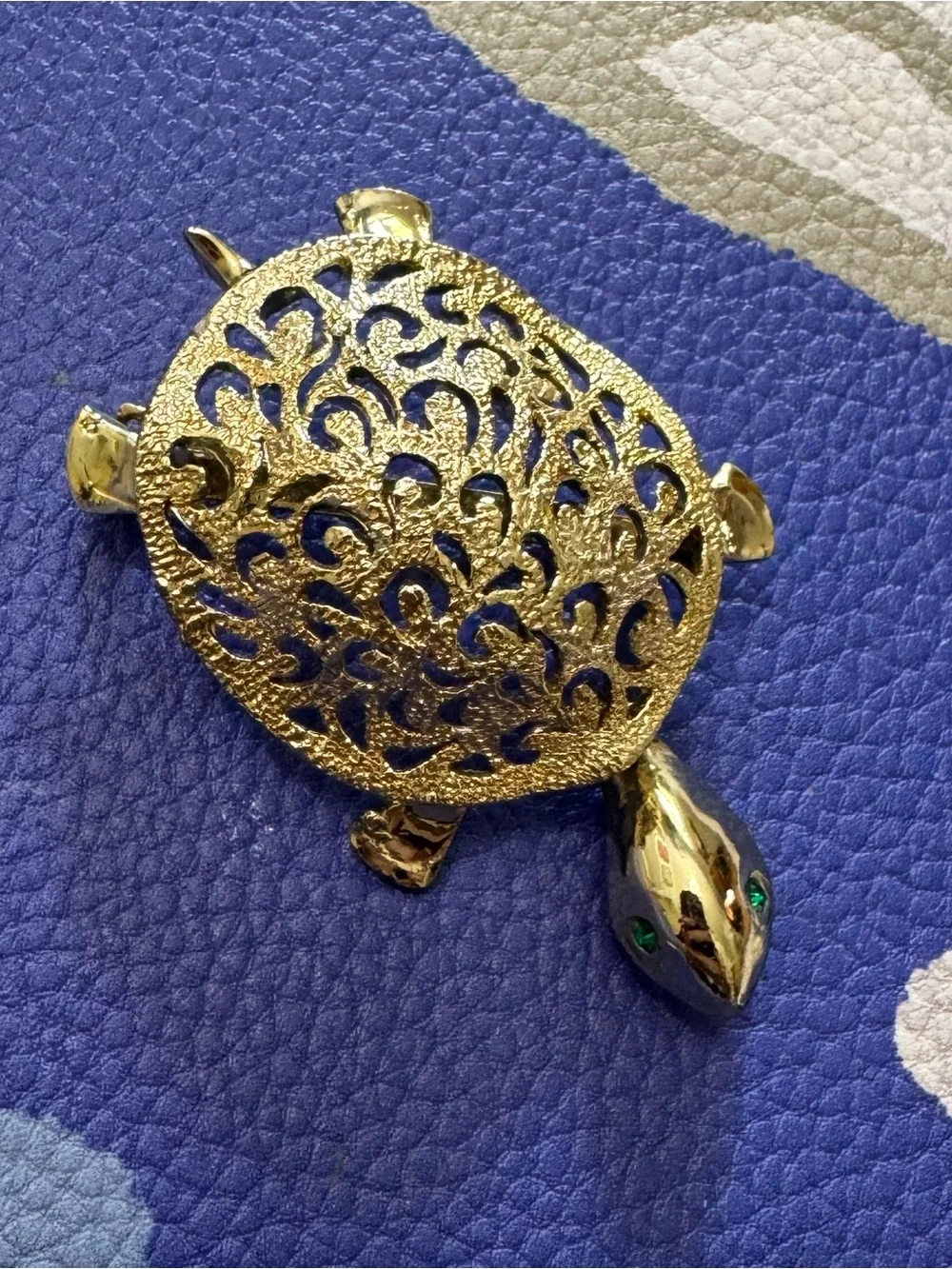 Gold-tone Turtle Decorative Reptile Brooch with Green Eyes